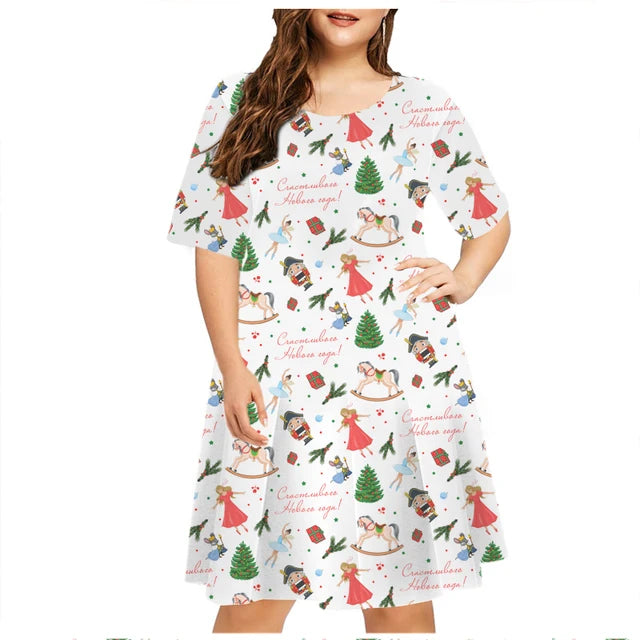 Vestido estampado de Natal de manga comprida feminino, decote em O, neve, solto, plus size, 6XL, roupas de moda, ano novo, verão, 2023