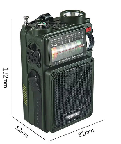 Radio solar de banda completa Degen R11, portátil, multifunción, de emergencia, para exteriores, con Bluetooth, tarjeta TF, reproducción USB