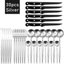 30pcs Black Dinnerware Set Stainless Steel Steak Knife Fork Coffee Spoon Teaspoon Flatware Dishwasher Safe Kitchen Tableware Set