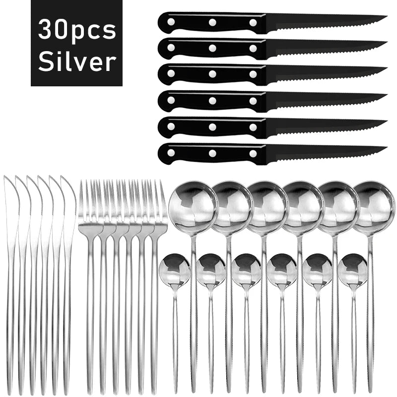 30pcs Black Dinnerware Set Stainless Steel Steak Knife Fork Coffee Spoon Teaspoon Flatware Dishwasher Safe Kitchen Tableware Set