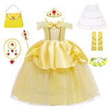 Girls Belle Cosplay Costumes Girls Dresses for Beauty Kids Party Clothing Magic Stick Crown Children Yellow Dress and The Beast