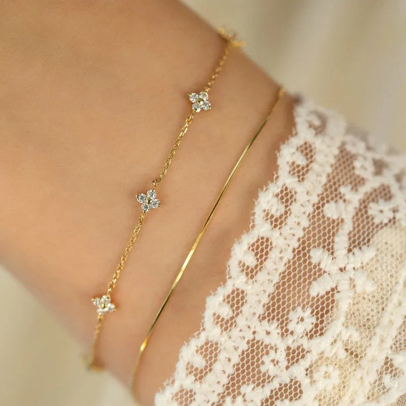 925 Sterling Silver Plated Bracelet for Women, 18K Gold, Shiny Zircon Flower, Korean Temperament, Exquisite Jewelry Gifts 