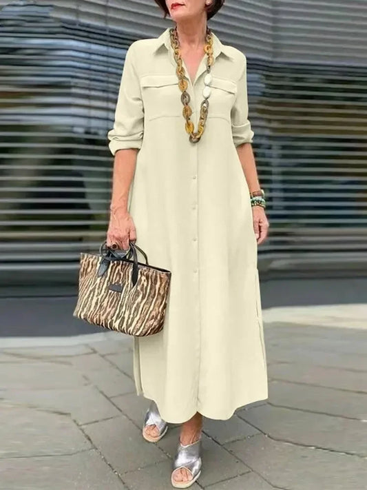 Vestido elegante de lino y algodón con botones, manga larga y talla grande, para mujer, primavera/verano 2024 
