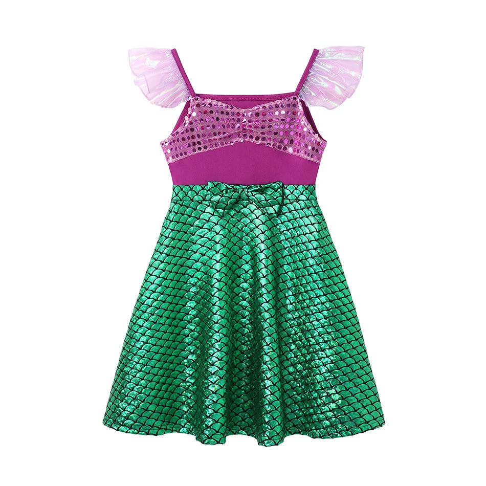Vestido Casual Infantil para Meninas – Estilo Sereia/Rapunzel, Manga Curta, Alça em um Ombro Só, Fantasia de Princesa, Vestido Casual de Verão