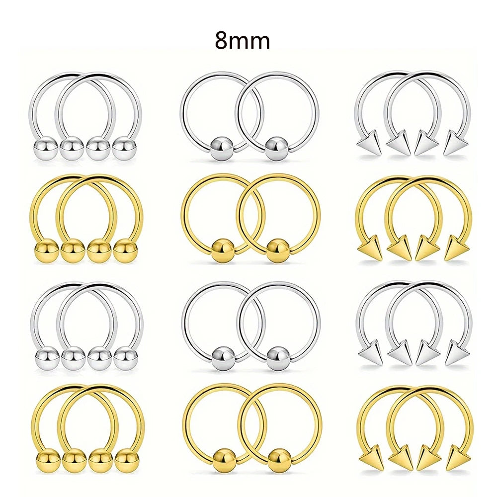 24 anéis de piercing de aço inoxidável multiuso 16G - aros de ferradura hipoalergênicos para nariz, cartilagem e muito mais