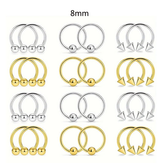 24PCS 16G Stainless Steel Multipurpose Piercing Rings - Hypoallergenic Horseshoe Hoops for Nose, Cartilage, and More