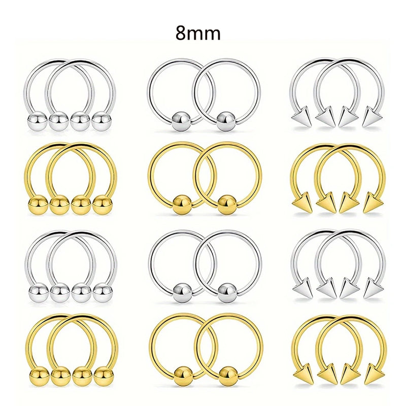 24 anéis de piercing de aço inoxidável multiuso 16G - aros de ferradura hipoalergênicos para nariz, cartilagem e muito mais