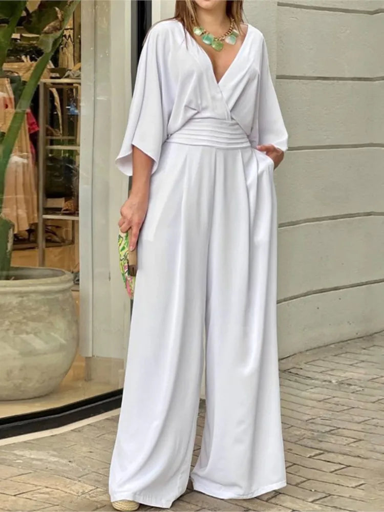 Solid Color Jumpsuits For Woman Jumpsuit Women's Clothing Temperament Simple Style Casual V-link Loose Tighten The Waist Elegant