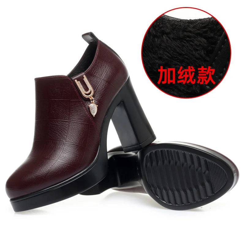 Comfortable Deep Mouth Soft Leather Anti-slip  Shoes Platform Spring 2024 Women's Block Black High Heels Office Mother Shoes