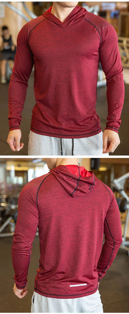 Autumn Gym Men T Shirt Casual Long Sleeve Slim Tops Tees elastic T-shirt Sports Fitness breathable Quick dry Hooded T Shirt