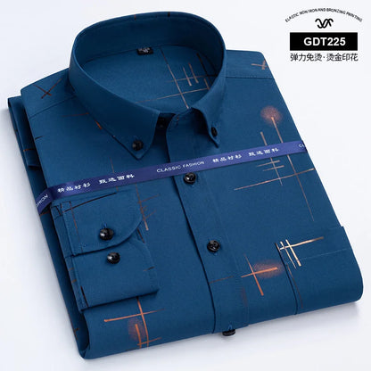 Latest Men's Dress Shirts Spring Autumn Non-iron Anti-wrinkle Business Casual Print Thin Plaid Soft Slim Fit Chemise Homme