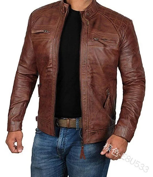 2023 Men Leather Jacket Teenagers Stand Collar Punk Men Motorcycle Leather Jacket Brown Leather Jacket