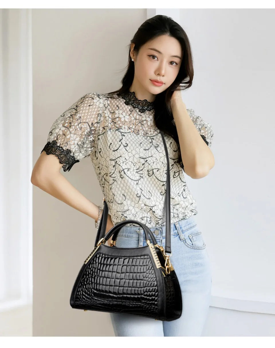 Alligator Patent Leather Shoulder Crossbody Handbags for Women, Luxury Brand Designer Hobo Bags, Two-Layer Sac