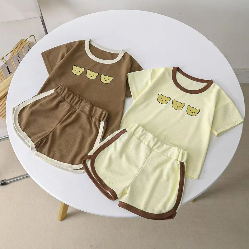 Summer Children Korean Style Clothing Set for Boys and Girls Short-sleeved Shorts Casual Sportswear Cute Bear 2Pcs