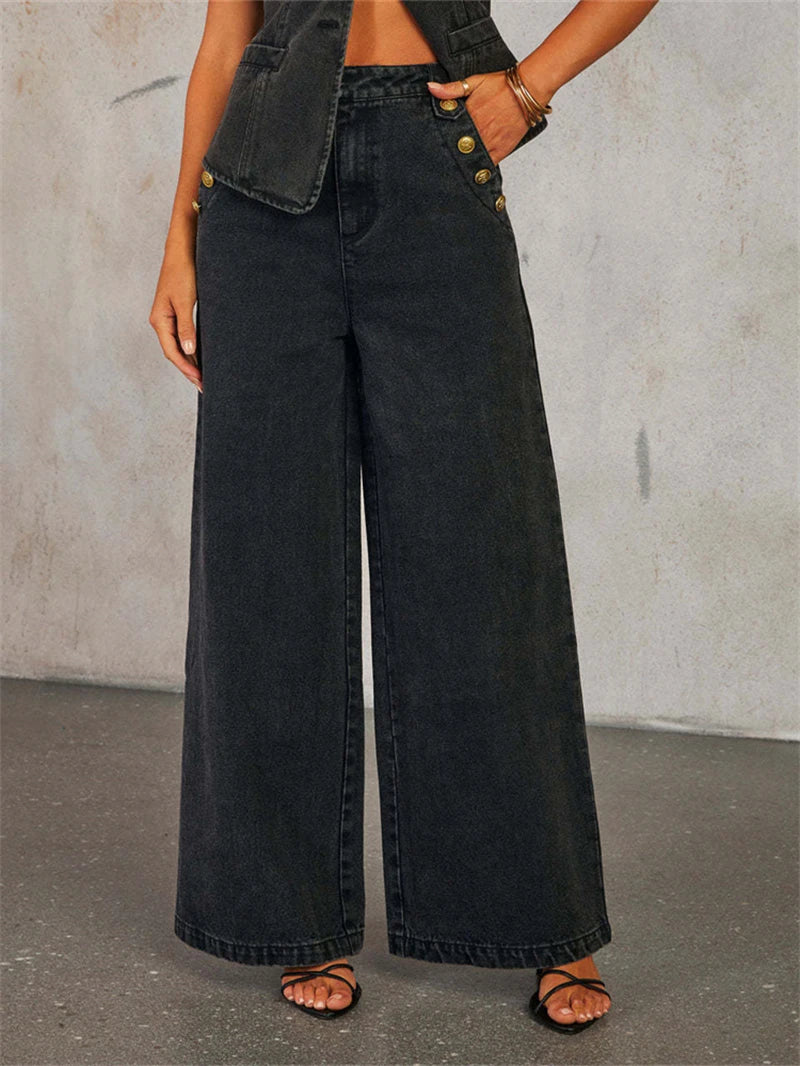Streetwear Denim 2 Piece Sets Women Outfit Summer Clothes Women 2025 Sleeveless Vest Top Wide Leg Pants Sets Jeans Two Piece Set