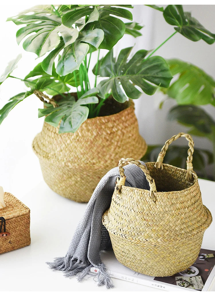 Storage Baskets Straw Wicker Rattan Hanging Flowerpot Seagrass Folding Laundry Clthoes Baskets Garden Plant Basket Home Decor