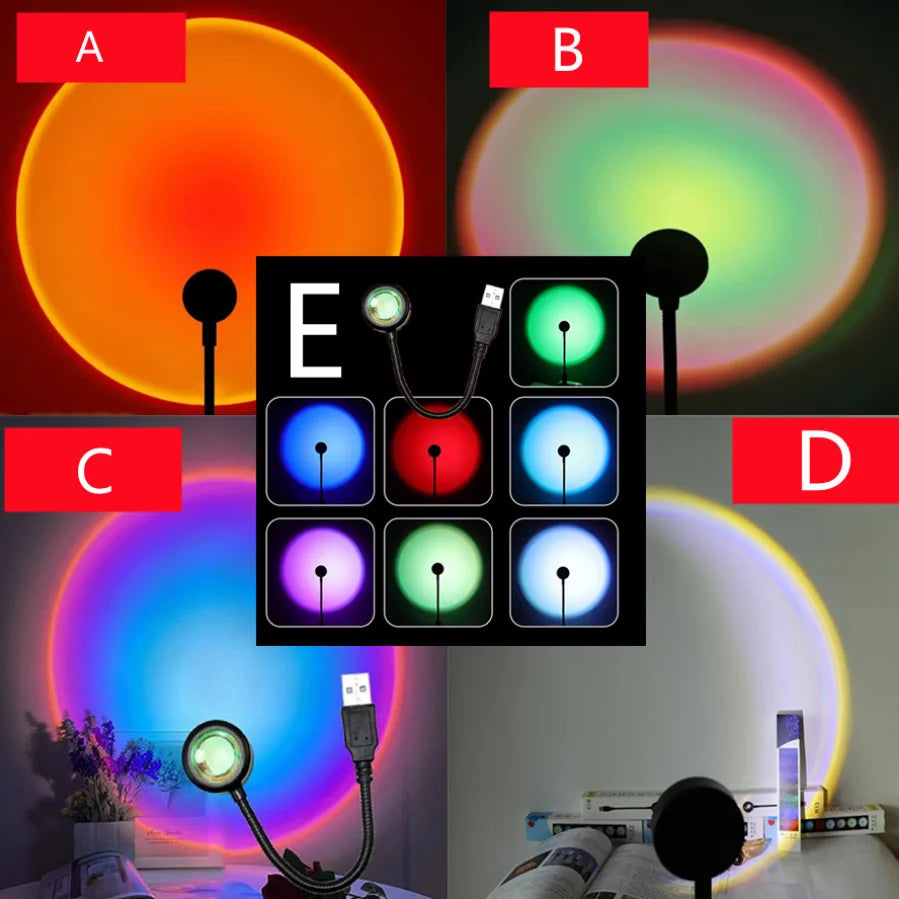 Proyector de lámpara de atardecer LED USB RnnTuu, luz nocturna portátil para decoración del hogar, luz de ambiente para sala de estar, fotografía de pared, luces de neón