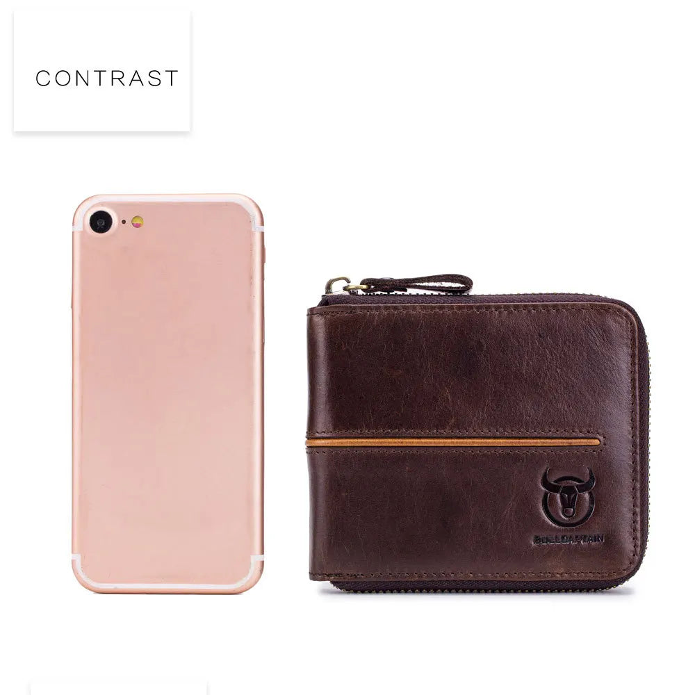 Bullcaptain Genuine Leather Men's Short Wallet Casual Men's Coin Purse Vintage Male Zipper Card Holder Luxury Money Bags JYB022