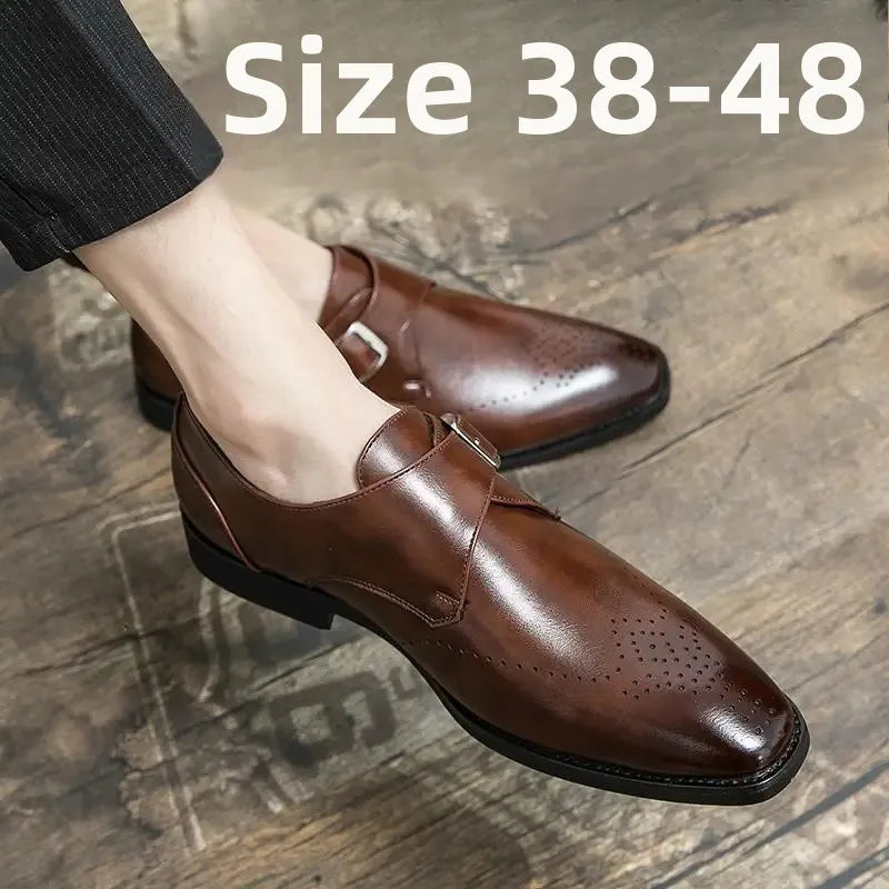 Large Size 48 Men's Leather Shoes with Buckle, Block Carving, Slip-On, Square Toe, Board Shoes, Trendy Adult Footwear