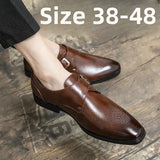 Large Size 48 Men's Leather Shoes with Buckle, Block Carving, Slip-On, Square Toe, Board Shoes, Trendy Adult Footwear