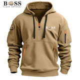 Men's hooded sweatshirt, casual sports pullover, retro Harajuku long-sleeved zipper, multiple pockets, casual loose jacket, stre