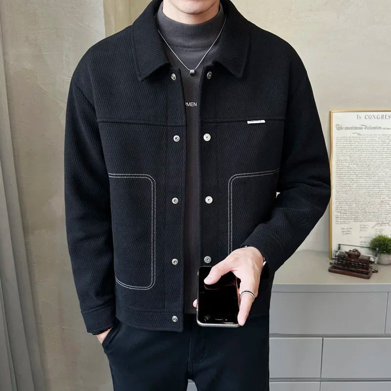 2024 Winter Men's Wool Blend Trench Coat Short Jacket Slim Fit Casual Coats Korean Solid Color Streetwear Windbreaker Outwear