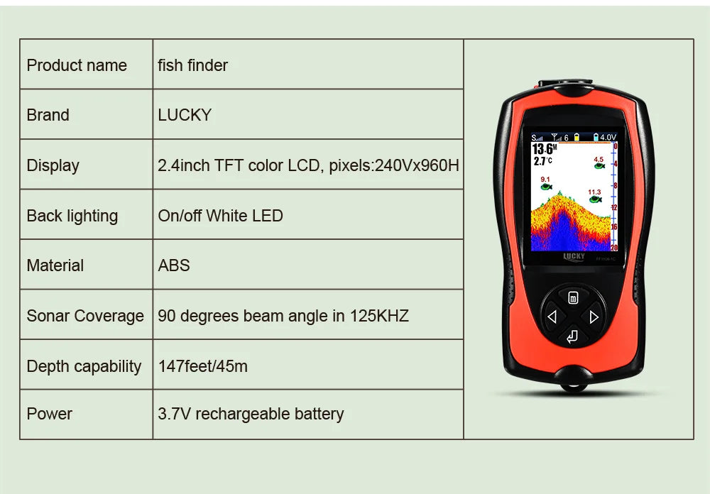 Lucky Sonar Fish Finder FF1108-1CWLA Rechargeable Wireless Sensor 45M Water Depth Echo Sounder Fishing Portable Fish Finder