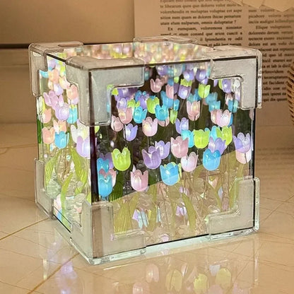 2025 DIY Tulip Sea Rubik's Cube Mirror Night Light Car Decoration Materials Handmade Birthday Gifts for Friends and Colleagues