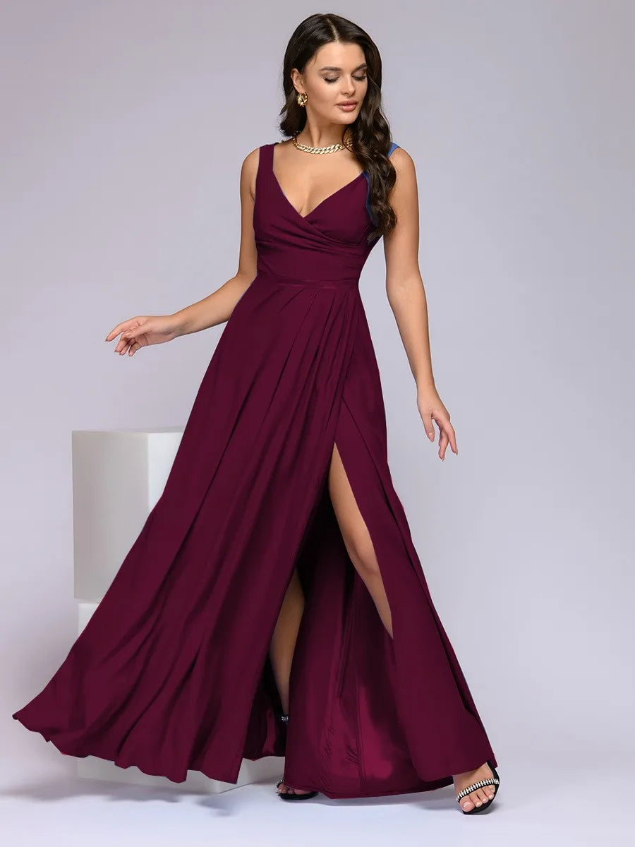 Women's 2025 Summer Solid Color Formal Dress - Sleeveless Evening Gown with Waist Accent, Elegant Floor Length Bridesmaid Dress