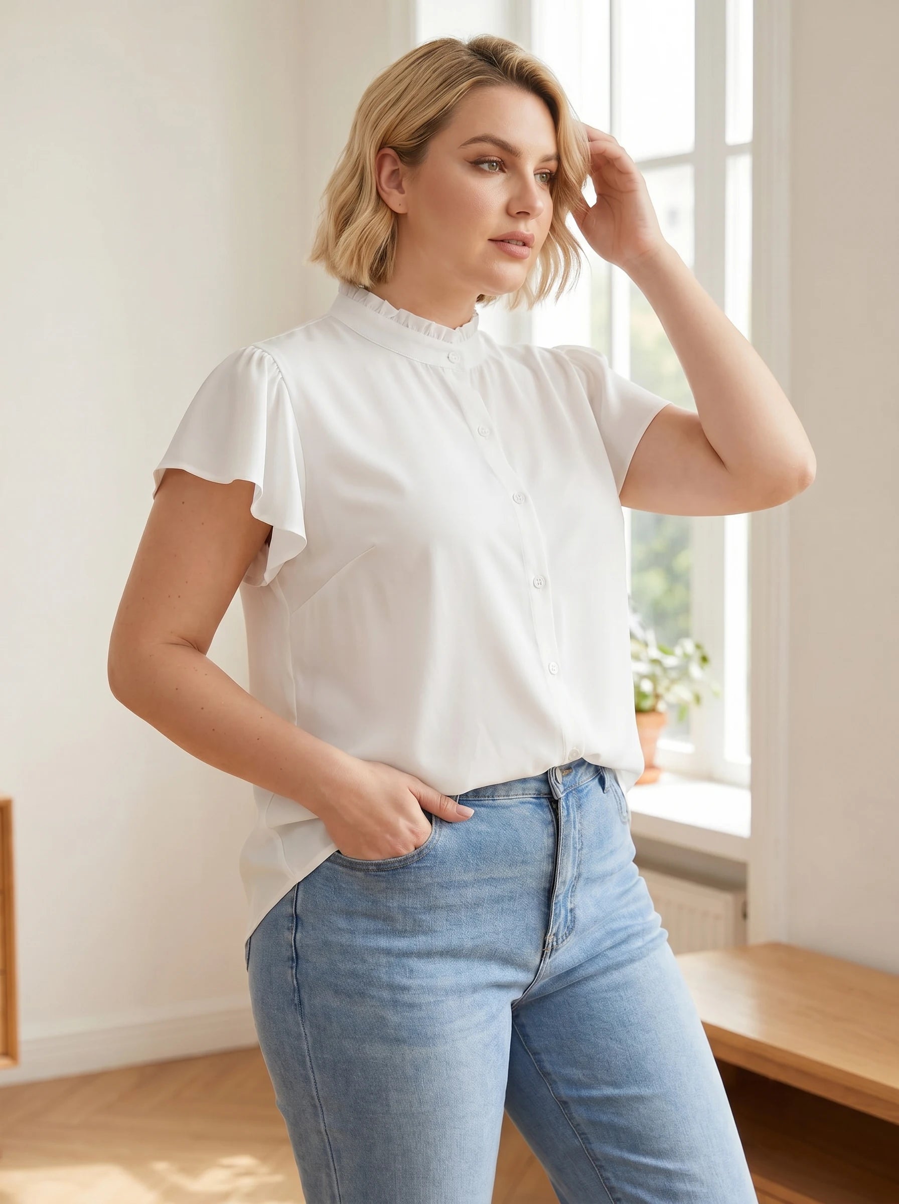 Gadinus Plus Size Women's Flutter Sleeve Blouse Ruffle Collar Button Front Loose Fit Curved Hem Tunic Top