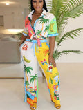 Printed Color Blocked Pant Set for Women, Single Breasted Short Sleeved Shirt and Wide Leg Pants, 2 Piece Set, Lady Casual Suit