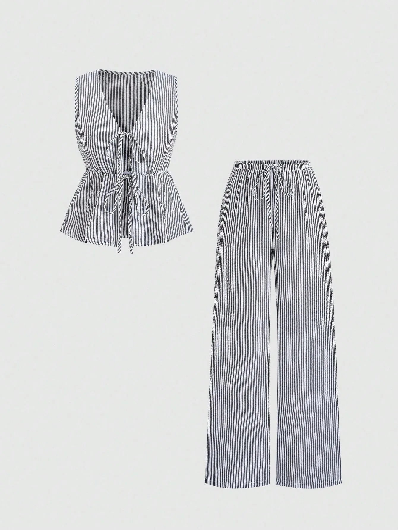 Women's Sets Two 2pcs Sale Summer V Neck Sleeveless Lace Up Vests&High Elastic Waist Striped Wide Leg Pant Suits OUYW-25014