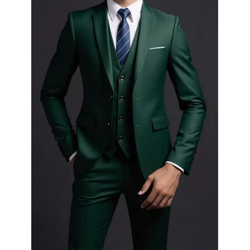 Men's Fashionable Gentleman Business British Style Solid Color Banquet Host Casual Wedding Suit (Blazer + Vest + Trousers)