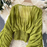 Blusa corta de gasa sexy para mujer, transparente, de manga larga, con pliegues, color morado, verde, negro y blanco, para fiesta, novedad de 2021.