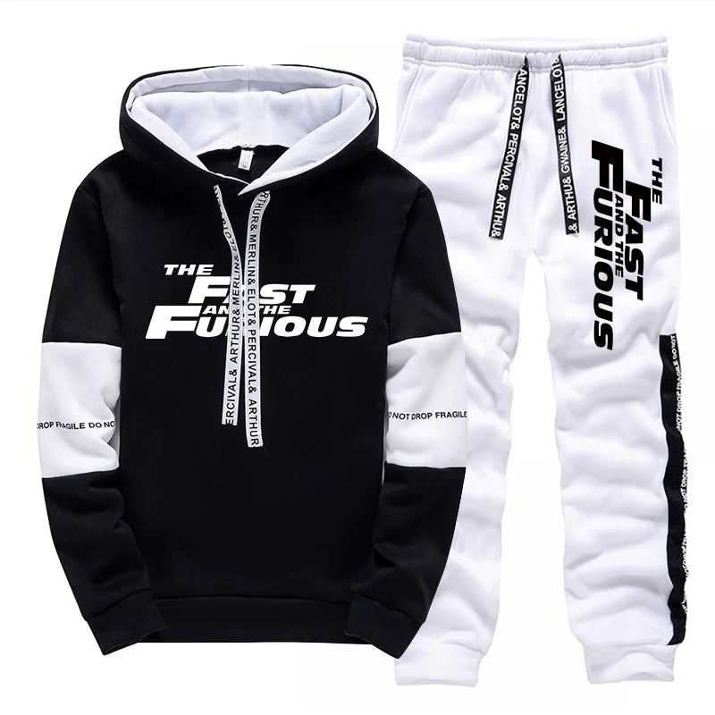 Men's Tracksuit Print Casual Hooded Sweatshirts Set Jogging Clothing Men Daily Commute High Street Fashion Suit 2025 Black White