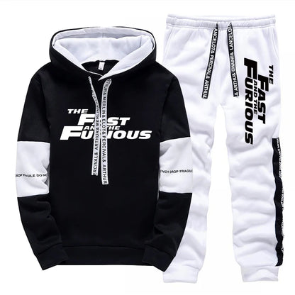 Men's Tracksuit Print Casual Hooded Sweatshirts Set Jogging Clothing Men Daily Commute High Street Fashion Suit 2025 Black White