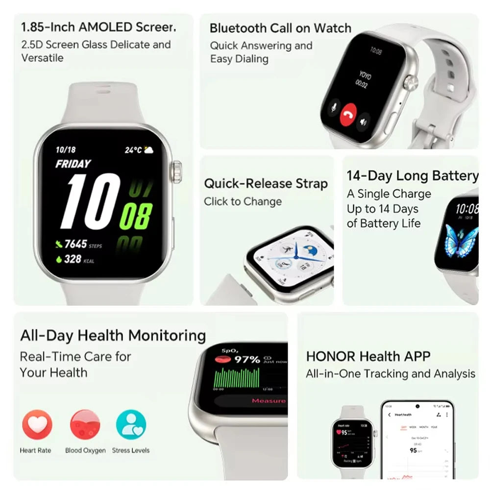 Smartwatch HONOR CHOICE Watch 2i (Versão Global), Tela AMOLED de 1,85", Monitoramento de Saúde 24h