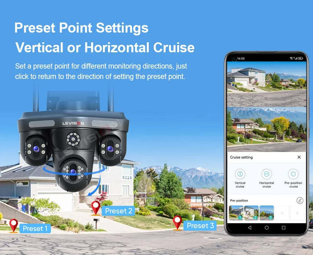 LS VISION 15MP Three Screen WiFi Camera Outdoor Three 360°Rotation PTZ IP Camera Human Auto Tracking Video Surveillance Cam CCTV