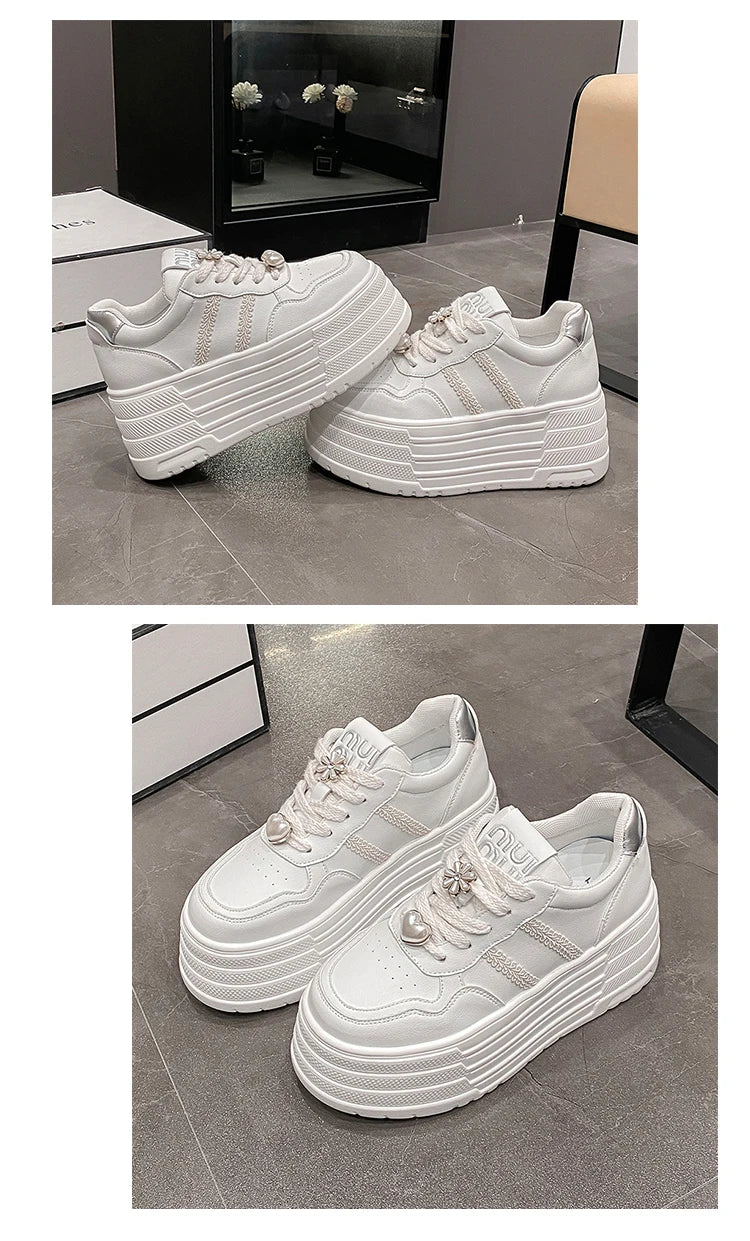 8cm Leather Flats Casual Dad Shoes Chunky Sneakers 2025 Women Platform Sports Shoes Ladies Skateboard Hidden Heels Shoes Tennis