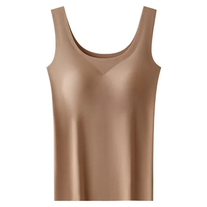2 piezas/lote de camiseta sin mangas de seda sin costuras con almohadilla fija en el pecho para mujer, camisola sin mangas, ropa interior exterior, camisola de verano de alta elasticidad