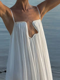 Lady Sexy Solid Color Deep V-neck Dress Elegant Suspender Beach Vacation Dress New Summer Chic Sleeveless Backless A-line Dress