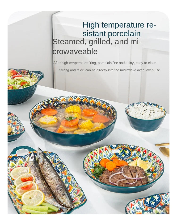 1Pcs Bohemia Retro Ceramic Dinner Plates Sets Food Plate Household Tableware Set Breakfast Plates Salad Soup Bowls Dinnerware