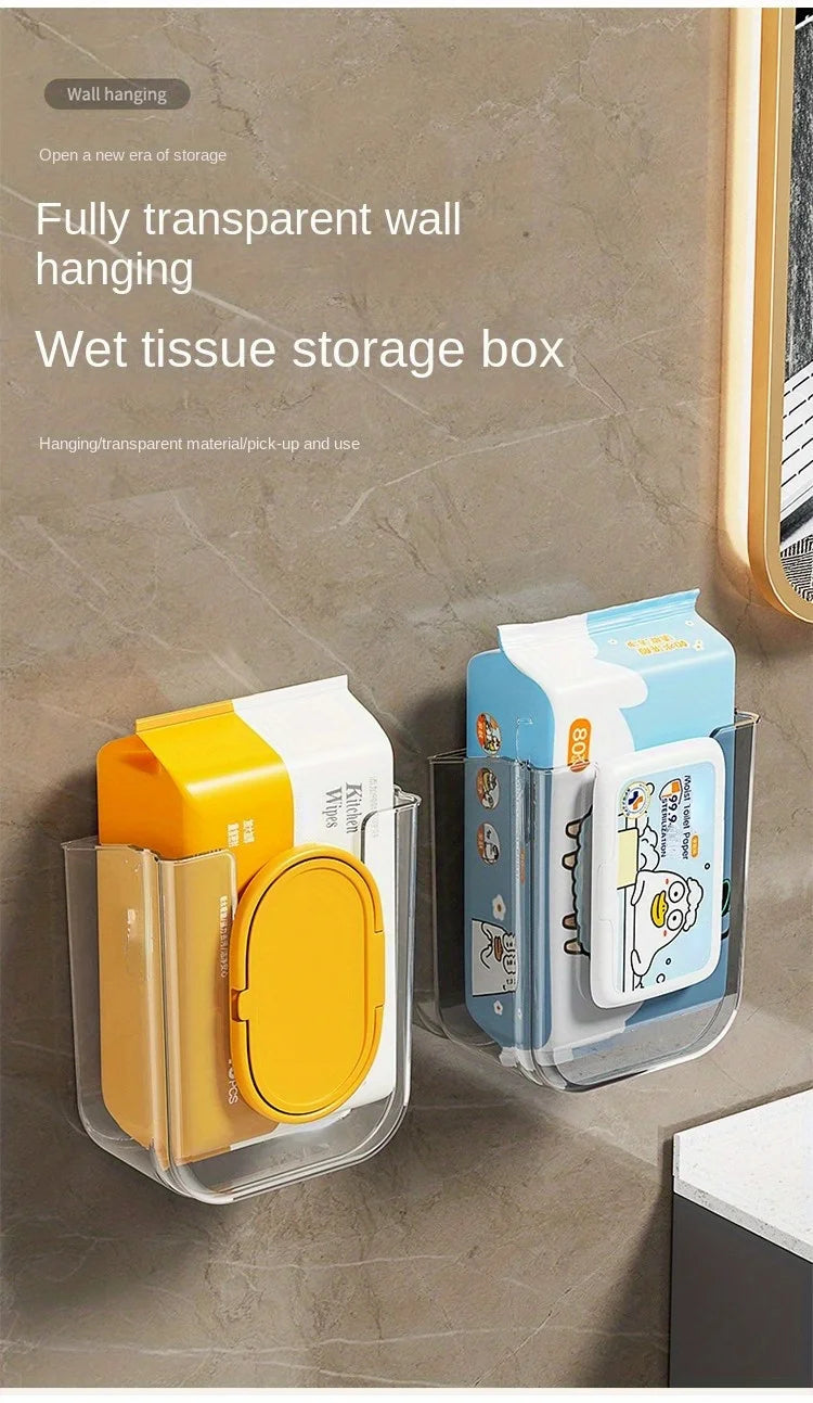 Wall-Mounted Wet Wipe Dispenser, Self-Adhesive Plastic Holder, with Large Opening, for Bathroom Tissue Storage Box Organizer