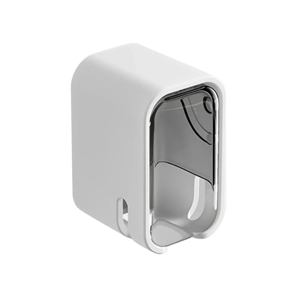 Suporte portátil para escova de dentes à prova de poeira com tampa basculante, fixação na parede e estojo de armazenamento.