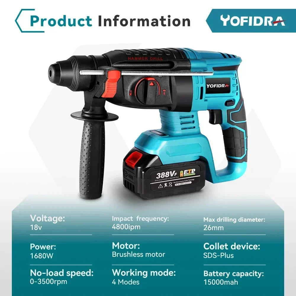Yofidra 26mm Cylinder Brushless Motor Electric Hammer Drill with Drill Bits for Makita 18V Battery Cordless Impact Rotary Drill