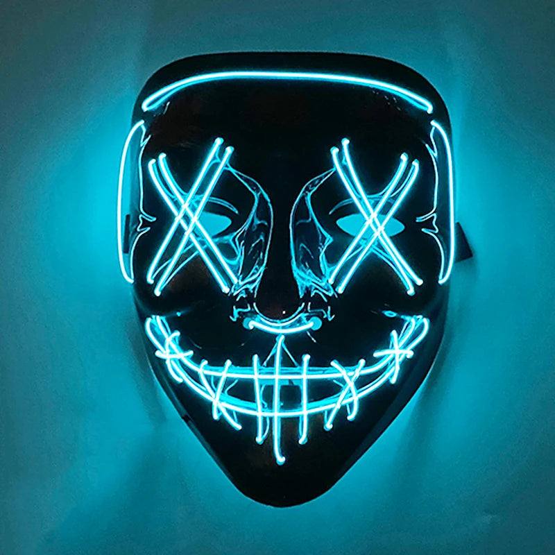 Artigos para Festa de Halloween 2026: Máscara LED Luminosa Estilo "Uma Noite de Crime" (Purge) com Luz Neon EL Sem Fio – Máscara de Rosto Inteiro para Cosplay Adulto (Brilha no Escuro)