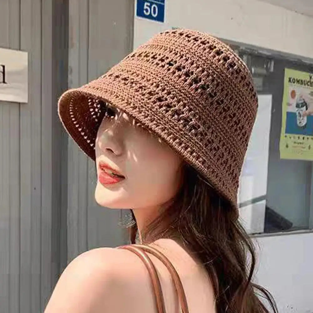 Hollow Out Crochet Sun Hat Wide Brim Bucket Hat Knitted Fisherman Hat Foldable Visor Small Fresh Simple Outdoor Casual Beach Cap