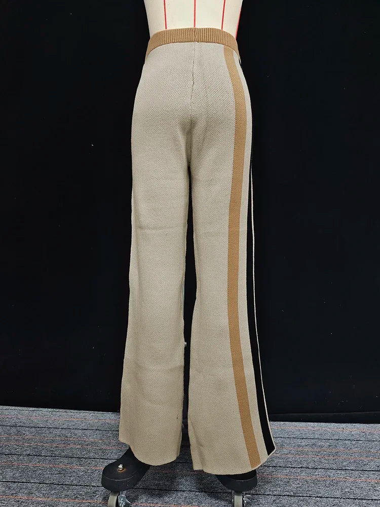 Beautyblue 2 Piece Sets Women Outfit Pant Sets 2025 New Round-Neck Pullovers Khaki Sweater Striped Wide Leg Pants Tops&Bottoms