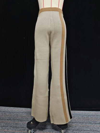 Beautyblue 2 Piece Sets Women Outfit Pant Sets 2025 New Round-Neck Pullovers Khaki Sweater Striped Wide Leg Pants Tops&Bottoms