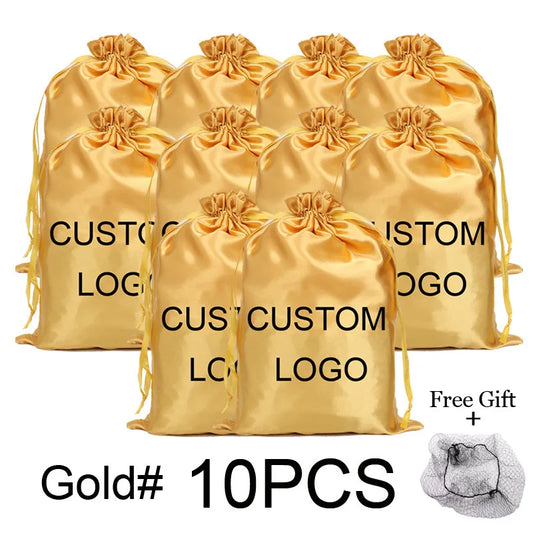 Bolsa de satén para pelucas con logotipo privado, 10 unidades, para extensiones de cabello, bolsa de negocios con cordón y logotipo, venta al por mayor 
